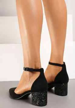 Czarne Czółenka Vices na Brokatowym Słupku z Wkładką ze Skóry Naturalnej Seathra