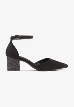 Czarne Czółenka Vices na Brokatowym Słupku z Wkładką ze Skóry Naturalnej Seathra