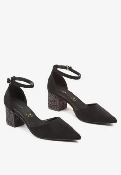 Czarne Czółenka Vices na Brokatowym Słupku z Wkładką ze Skóry Naturalnej Seathra