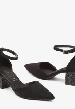 Czarne Czółenka Vices na Brokatowym Słupku z Wkładką ze Skóry Naturalnej Seathra