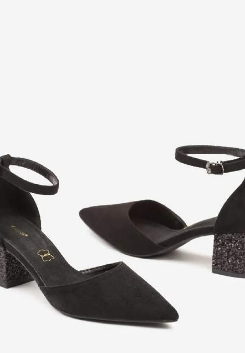 Czarne Czółenka Vices na Brokatowym Słupku z Wkładką ze Skóry Naturalnej Seathra