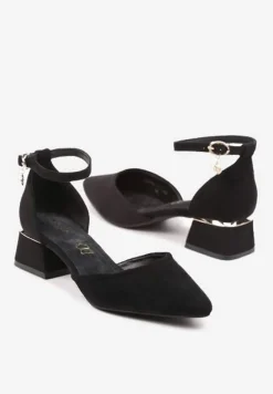 Czarne Czółenka Vices na Słupku z Wkładką ze Skóry Naturalnej i Paskiem Wokół Kostki Zolori