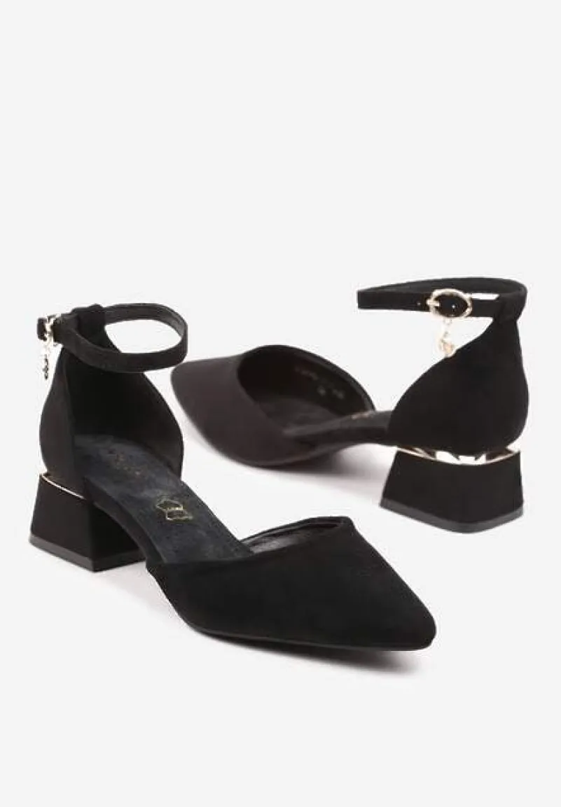 Czarne Czółenka Vices na Słupku z Wkładką ze Skóry Naturalnej i Paskiem Wokół Kostki Zolori