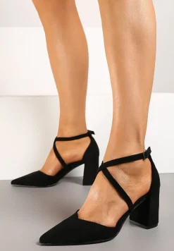 Czarne Czółenka Vices na Słupku ze Skórzaną Wkładką Ozdobione Paskami Learelia