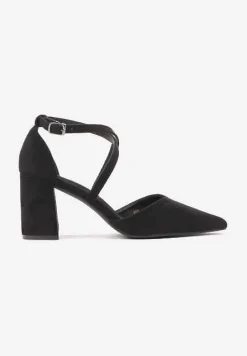 Czarne Czółenka Vices na Słupku ze Skórzaną Wkładką Ozdobione Paskami Learelia