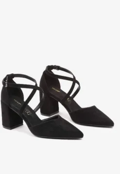 Czarne Czółenka Vices na Słupku ze Skórzaną Wkładką Ozdobione Paskami Learelia