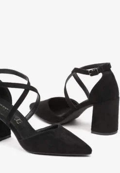 Czarne Czółenka Vices na Słupku ze Skórzaną Wkładką Ozdobione Paskami Learelia