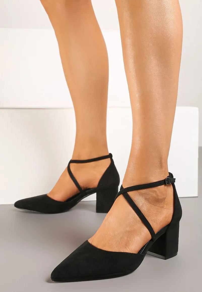 Czarne Czółenka Vices na Słupku z Wkładką ze Skóry Naturalnej i Ozdobnymi Paskami Lizzetta