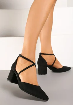 Czarne Czółenka Vices na Słupku z Wkładką ze Skóry Naturalnej i Ozdobnymi Paskami Lizzetta