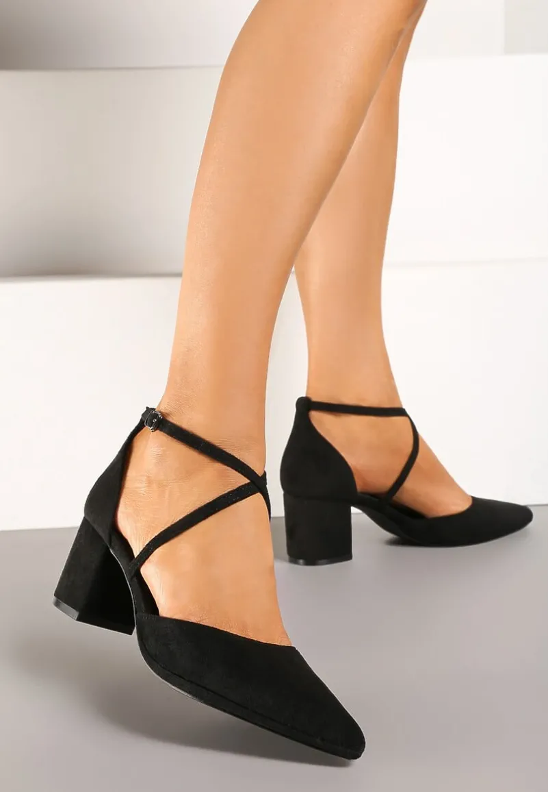 Czarne Czółenka Vices na Słupku z Wkładką ze Skóry Naturalnej i Ozdobnymi Paskami Lizzetta