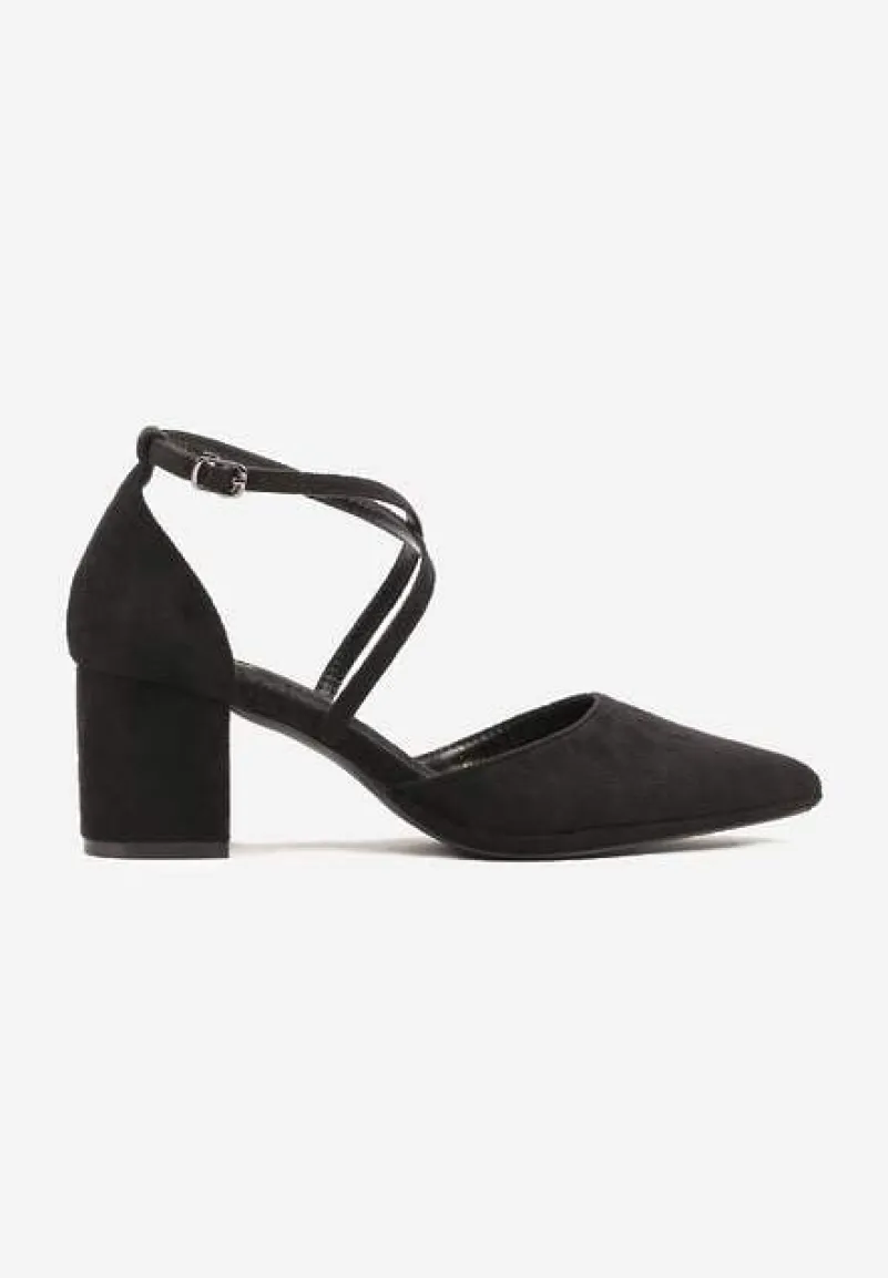 Czarne Czółenka Vices na Słupku z Wkładką ze Skóry Naturalnej i Ozdobnymi Paskami Lizzetta