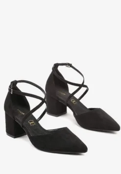 Czarne Czółenka Vices na Słupku z Wkładką ze Skóry Naturalnej i Ozdobnymi Paskami Lizzetta