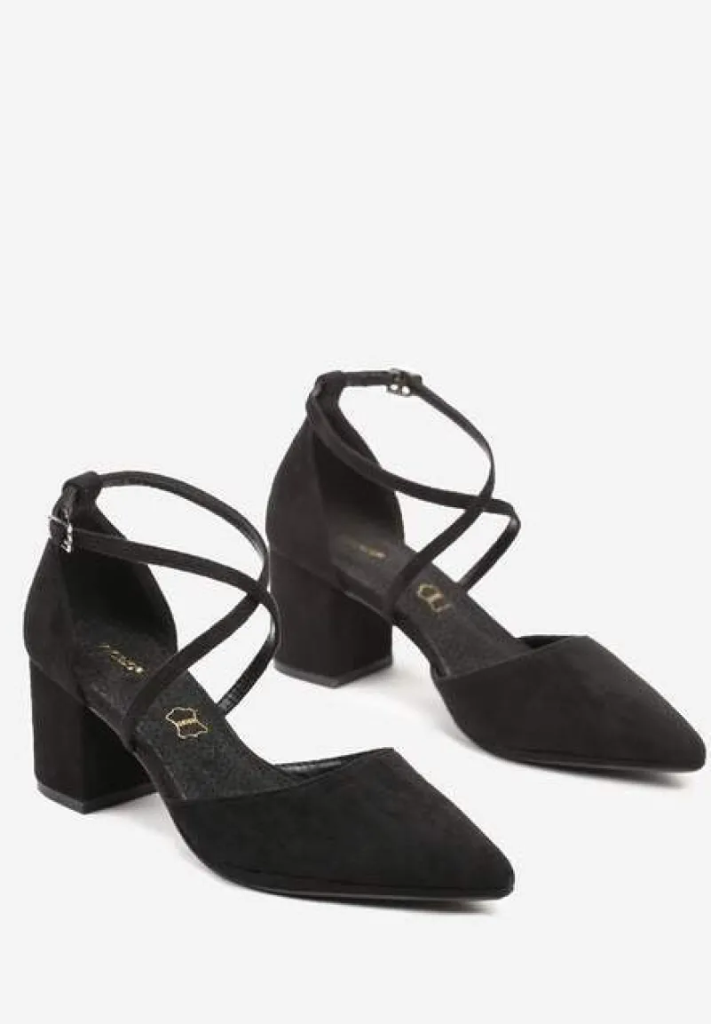 Czarne Czółenka Vices na Słupku z Wkładką ze Skóry Naturalnej i Ozdobnymi Paskami Lizzetta