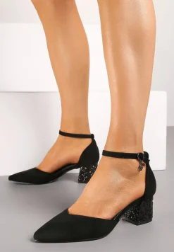 Czarne Czółenka Vices na Słupku ze Skórzaną Wkładką i Brokatowym Obcasem Lilria