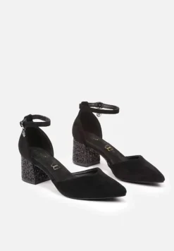 Czarne Czółenka Vices na Słupku ze Skórzaną Wkładką i Brokatowym Obcasem Lilria