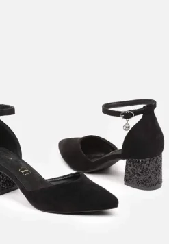 Czarne Czółenka Vices na Słupku ze Skórzaną Wkładką i Brokatowym Obcasem Lilria