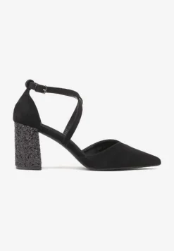 Czarne Czółenka Vices na Słupku ze Skórzaną Wkładką na Brokatowym Obcasie Ozdobione Paskami Learelia