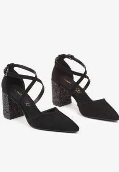Czarne Czółenka Vices na Słupku ze Skórzaną Wkładką na Brokatowym Obcasie Ozdobione Paskami Learelia