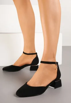 Czarne Czółenka Vices na Słupku z Wkładką ze Skóry Naturalnej i Metaliczną Ozdobą Velori