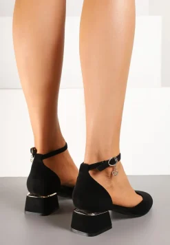 Czarne Czółenka Vices na Słupku z Wkładką ze Skóry Naturalnej i Metaliczną Ozdobą Velori