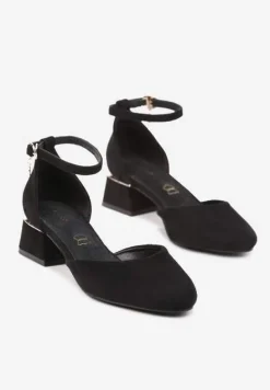 Czarne Czółenka Vices na Słupku z Wkładką ze Skóry Naturalnej i Metaliczną Ozdobą Velori