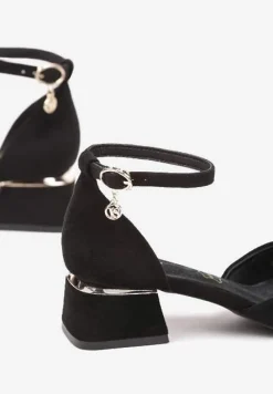Czarne Czółenka Vices na Słupku z Wkładką ze Skóry Naturalnej i Metaliczną Ozdobą Velori
