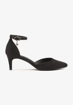 Czarne Czółenka Vices na Szpilce z Wkładką ze Skóry Naturalnej i Ozdobnym Paskiem Selarae