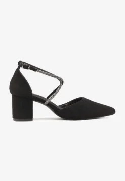 Czarne Czółenka Vices z Ekozamszu z Wkładką ze Skóry Naturalnej Ozdobione Cyrkoniami Sintelittia