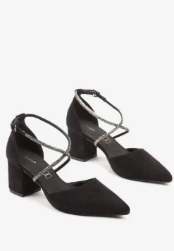 Czarne Czółenka Vices z Ekozamszu z Wkładką ze Skóry Naturalnej Ozdobione Cyrkoniami Sintelittia