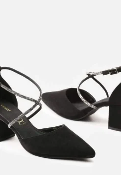 Czarne Czółenka Vices z Ekozamszu z Wkładką ze Skóry Naturalnej Ozdobione Cyrkoniami Sintelittia