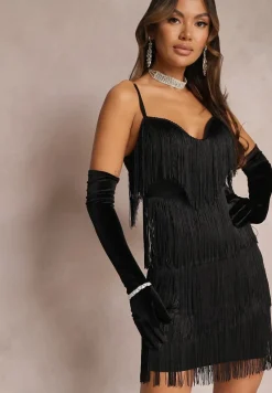 Czarne Długie Rękawiczki Welurowe Neginah