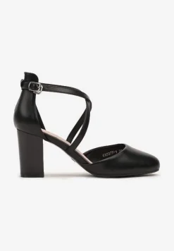 Czarne Eleganckie Czółenka ze Skóry Ekologicznej z Ozdobnymi Paseczkami na Krzyż z Klamerką Vaitaelle