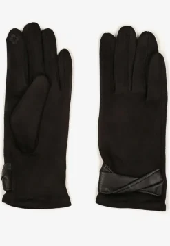 Czarne Eleganckie Rękawiczki z Bawełną i Wywiniętą Aplikacją przy Nadgarstku Sissemi