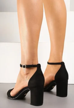 Czarne Eleganckie Sandały Vices z Ekozamszu na Słupkowym Obcasie Soninda