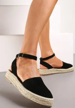 Czarne Espadryle na Podeszwie z Plecionką Zapinane Przy Kostce Griolla