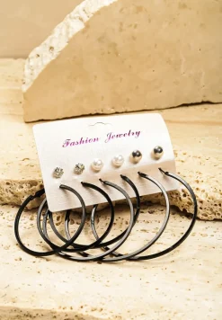 Czarne Kolczyki Typu Sztyfty Cyrkonie Perełki i Koła 6 Par Laviraya