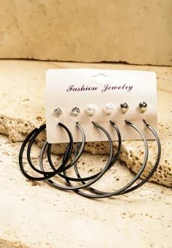 Czarne Kolczyki Typu Sztyfty Cyrkonie Perełki i Koła 6 Par Laviraya