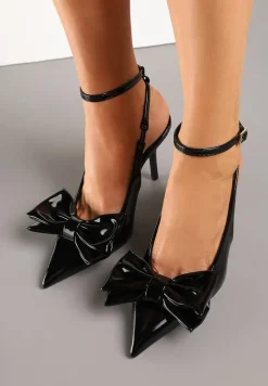 Czarne Lakierowane Sandały na Szpilce Vices z Dużą Kokardką Bez Pięty Velozia