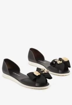 Czarne Meliski Balerinki Wsuwane z Aplikacjami i Kokardą Aurbea