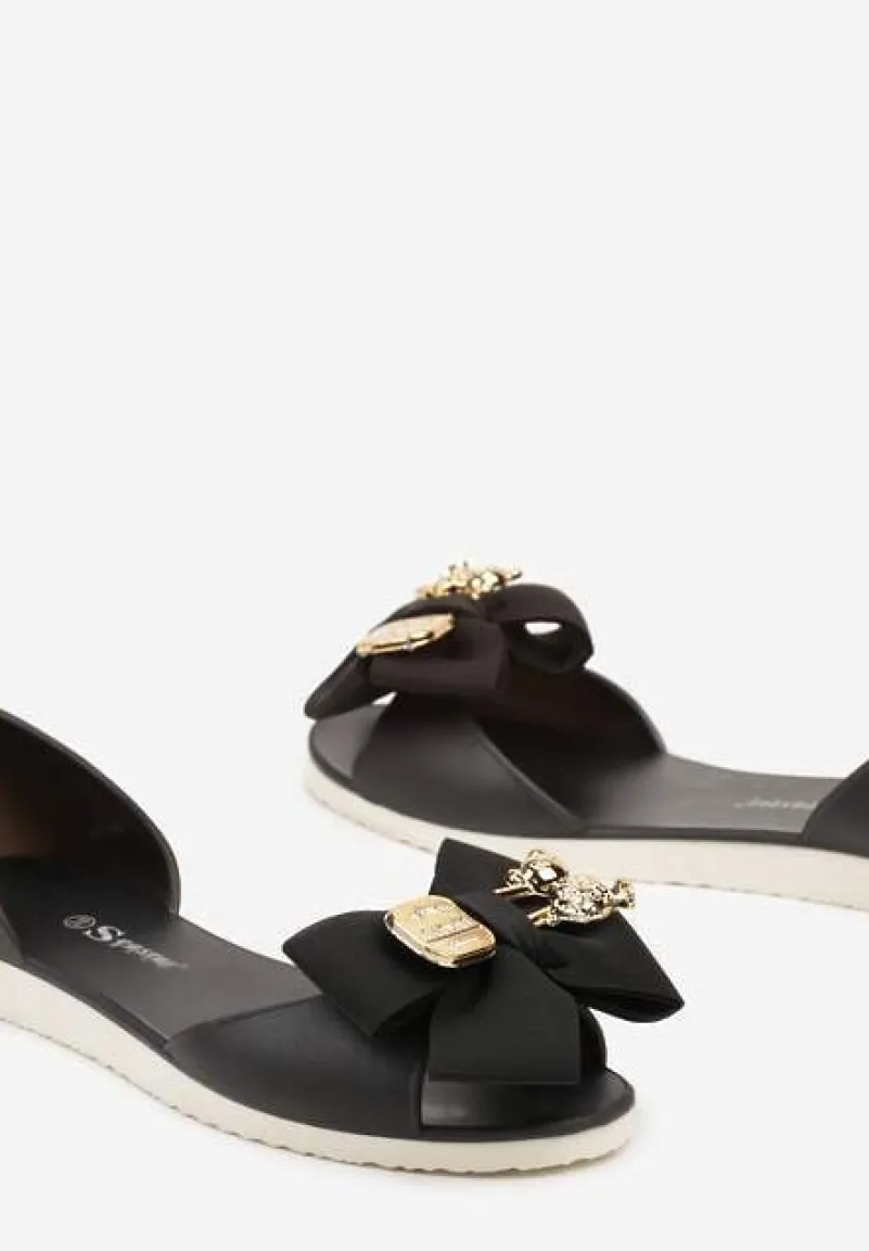 Czarne Meliski Balerinki Wsuwane z Aplikacjami i Kokardą Aurbea