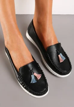 Czarne Mokasyny ze Skórzaną Wkładką z Perforacją i Frędzlami Imkerdia