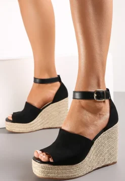 Czarne Plecione Sandały na Koturnie i Platformie Fimieshe