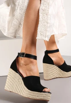 Czarne Plecione Sandały na Koturnie i Platformie Fimieshe