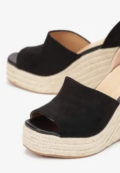 Czarne Plecione Sandały na Koturnie i Platformie Fimieshe