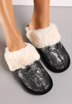 Czarne Połyskujące Kapcie ze Zwierzęcym Motywem i Futerkiem Zephyrella