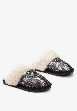 Czarne Połyskujące Kapcie ze Zwierzęcym Motywem i Futerkiem Zephyrella