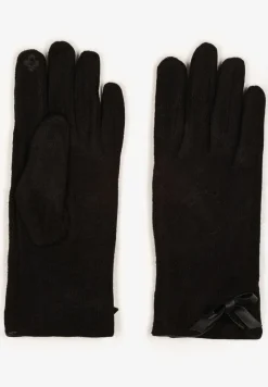 Czarne Rękawiczki Dzianinowe z Bawełną Ozdobione Kokardą Filremi