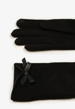 Czarne Rękawiczki Dzianinowe z Bawełną Ozdobione Kokardą Filremi