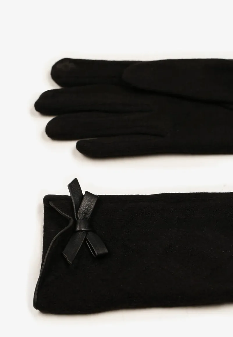 Czarne Rękawiczki Dzianinowe z Bawełną Ozdobione Kokardą Filremi