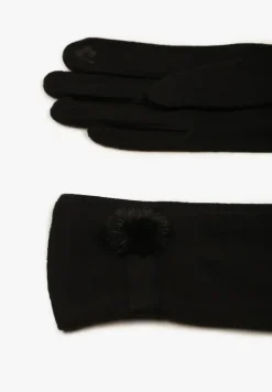 Czarne Rękawiczki Dzianinowe z Dodatkiem Bawełny Ozdobione Pomponem Zinnatra